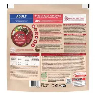 Sausā barība mini/maza škirņu pieaugušiem suņiem PURINA ONE® MINI/SMALL ADULT, bagātināta ar liellopu gaļu un rīsiem