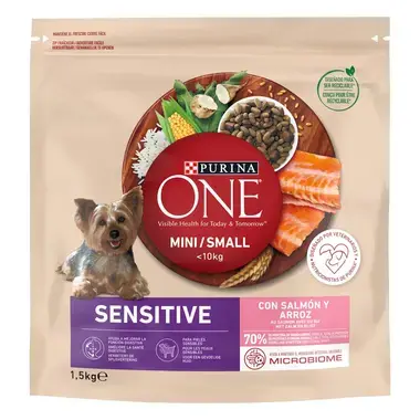 Sausā barība mini/maza šķirņu suņiem ar jutīgu gremošanas sistēmu PURINA ONE® MINI/SMALL SENSITIVE, bagātināta ar lasi un rīs