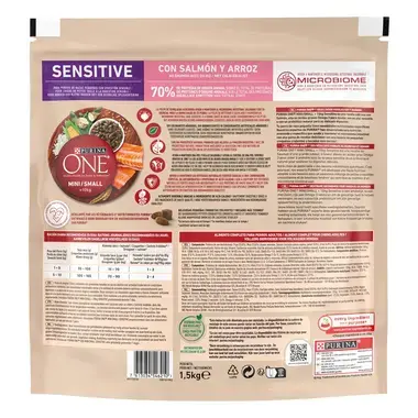 Sausā barība mini/maza šķirņu suņiem ar jutīgu gremošanas sistēmu PURINA ONE® MINI/SMALL SENSITIVE, bagātināta ar lasi un rīs