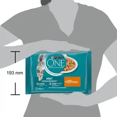 Konservi pieaugušiem kaķiem PURINA ONE® ADULT, filēti gabaliņi mērcē ar vistas un un zaļajām pupiņām