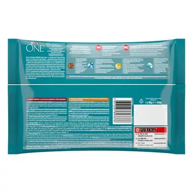 Konservi sterilizētiem kaķiem PURINA ONE® STERILCAT, filēti gabaliņi mērcē ar liellopu gaļu un burkāniem un vistas gaļu un za