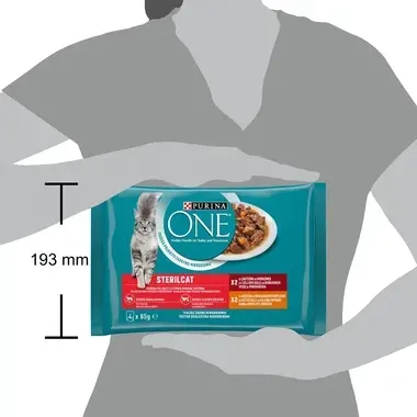 Konservi sterilizētiem kaķiem PURINA ONE® STERILCAT, filēti gabaliņi mērcē ar liellopu gaļu un burkāniem un vistas gaļu un za