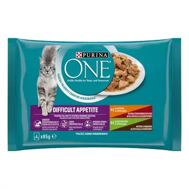 Konservi kaķiem ar izvēlīgu apetīti PURINA ONE® DIFFICULT APPETITE, filēti gabaliņi mērcē ar vistas-liellopu gaļu un tītara-p