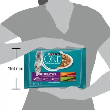Konservi kaķiem ar izvēlīgu apetīti PURINA ONE® DIFFICULT APPETITE, filēti gabaliņi mērcē ar vistas-liellopu gaļu un tītara-p