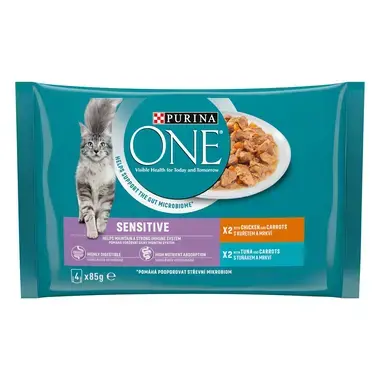 Konservi jutīgiem kaķiem PURINA ONE® SENSITIVE, filēti gabaliņi mērcē ar vistas gaļu un tunci
