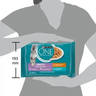 Konservi jutīgiem kaķiem PURINA ONE® SENSITIVE, filēti gabaliņi mērcē ar vistas gaļu un tunci