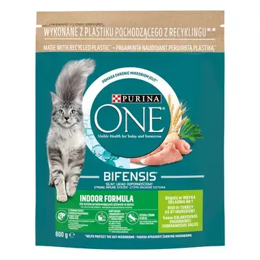 Sausā barība telpās dzīvojošiem kaķiem kaķiem PURINA ONE® INDOOR, bagātināta ar tītara gaļu