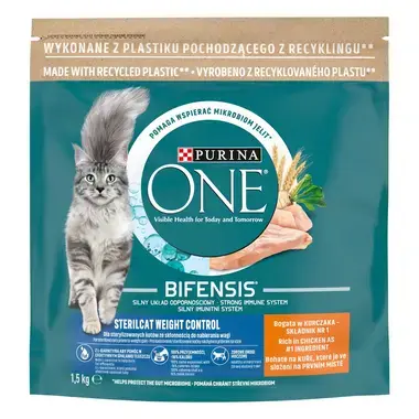 Sausā barība sterilizētiem kaķiem virsnormas svara kontrolei PURINA ONE® STERILCAT WEIGHT CONTROL, bagātināta ar vistas gaļu