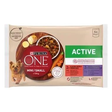 Konservi mini/maza škirņu suņiem ar aktīvu dzīvesveidu PURINA ONE® MINI/SMALL ACTIVE ar liellopu gaļu, kartupeļiem un burkāni