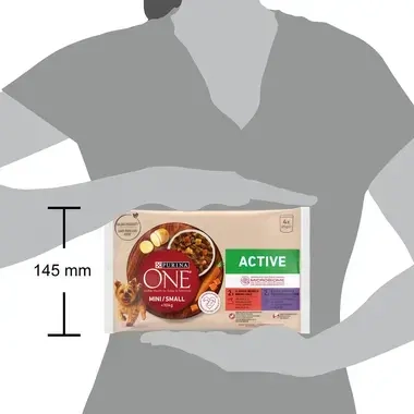 Konservi mini/maza škirņu suņiem ar aktīvu dzīvesveidu PURINA ONE® MINI/SMALL ACTIVE ar liellopu gaļu, kartupeļiem un burkāni