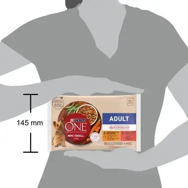 Konservi mini/maza škirņu pieaugušiem suņiem PURINA ONE® MINI/SMALL ADULT ar vistas gaļu, burkāniem un zaļajām pupiņām mērcē