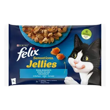 FELIX® SENSATIONS zivju izlase želejā (lasis, bute), konservi kaķiem
