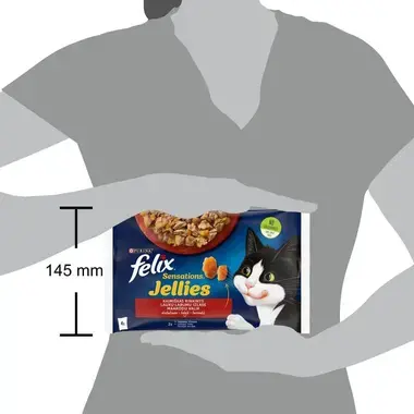 FELIX® SENSATIONS lauku labumu izlase želejā (liellopu gaļa, vistas gaļa), konservi kaķiem