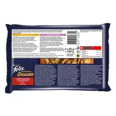 FELIX® SENSATIONS lauku labumu izlase mērcē (tītara gaļa, jēra gaļa), konservi kaķiem