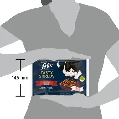 FELIX® TASTY SHREDS lauku labumu izlase mērcē (liellopu gaļa, vistas gaļa), konservi kaķiem