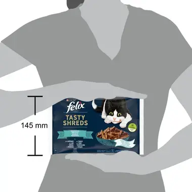 FELIX® TASTY SHREDS okeāna velšu izlase mērcē (lasis, tuncis), konservi kaķiem