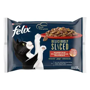FELIX® DELICIOUSLY SLICED gaļas izlase želejā (liellopu gaļa, vistas gaļa, pīles gaļa, tītara gaļa), konservi kaķiem