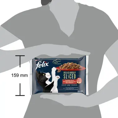 FELIX® DELICIOUSLY SLICED gaļas izlase želejā (liellopu gaļa, vistas gaļa, pīles gaļa, tītara gaļa), konservi kaķiem