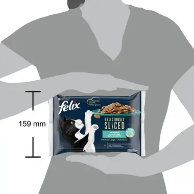 FELIX® DELICIOUSLY SLICED okeāna velšu izlase želejā (lasis, tuncis, menca, bute), konservi kaķiem