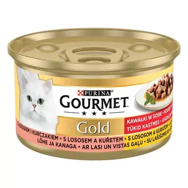 GOURMET® GOLD konservi kaķiem, gabaliņi mērcē ar lasi un vistas gaļu, 85g