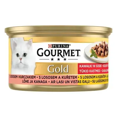 GOURMET® GOLD konservi kaķiem, gabaliņi mērcē ar lasi un vistas gaļu, 85g