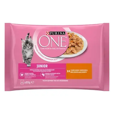 PURINA ONE® JUNIOR konservi kaķēniem, filēti gabaliņi mērcē ar vistas gaļu, 4x85g