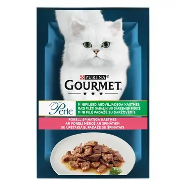 GOURMET® PERLE Mini Fillets konservi kaķiem, ar foreli un spinātiem mērcē, 85g
