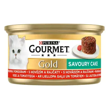 GOURMET® GOLD Savoury Cake ar liellopu gaļu un tomātiem, konservētā barība kaķiem, kārbiņa 85g