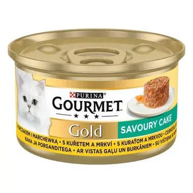 GOURMET® GOLD Savoury Cake ar vistas gaļu un burkāniem, konservētā barība kaķiem, kārbiņa 85g
