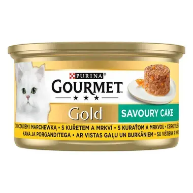 GOURMET® GOLD Savoury Cake ar vistas gaļu un burkāniem, konservētā barība kaķiem, kārbiņa 85g