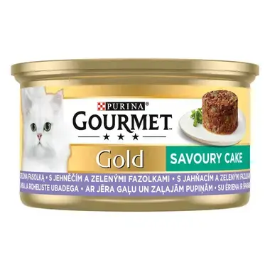 GOURMET® GOLD Savoury Cake ar jēra gaļu un zaļajām pupiņām, konservētā barība kaķiem, kārbiņa 85g