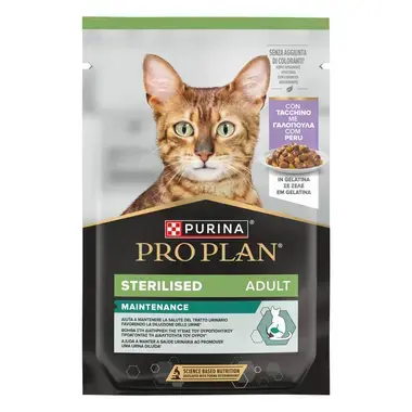 PURINA® PRO PLAN® Adult STERILISED MAINTENANCE gabaliņi ar tītara gaļu želejā