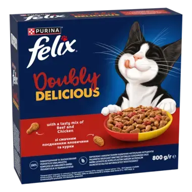 Felix® Doubly Delicious,  sausā barība pieaugušiem kaķiem ar liellopa un vistas gaļu, bagātināta ar bietēm, 800 g 