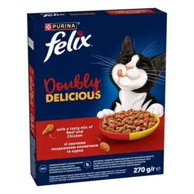Felix® Doubly Delicious,  sausā barība pieaugušiem kaķiem ar liellopa un vistas gaļu, bagātināta ar bietēm, 270 g 
