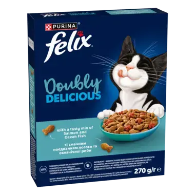 Felix® Doubly Delicious,  sausā barība pieaugušiem kaķiem ar lasi un jūras zivi, bagātināta ar bietēm, 270 g 