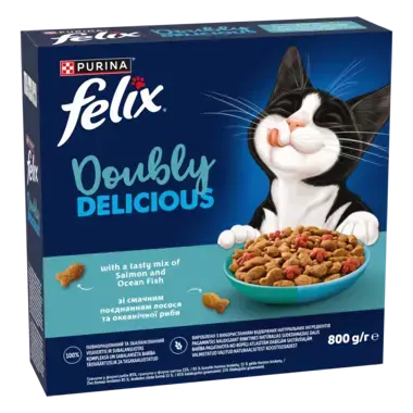 Felix® Doubly Delicious, sausā barība pieaugušiem kaķiem ar lasi un jūras zivi, bagātināta ar bietēm, 800 g 