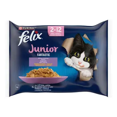 FELIX FANTASTIX Junior kompleksā dzīvnieku barība kaķēniem konservi vista 4x85g