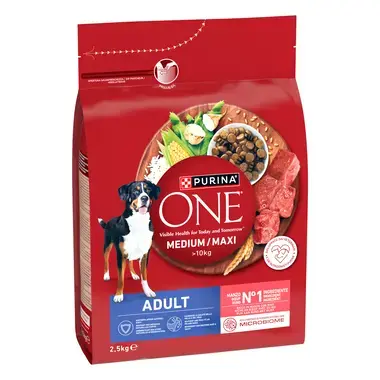 Purina ONE® Medium / Maxi > 10 kg pieaugušiem suņiem, bagāta ar liellopu gaļu un rīsiem