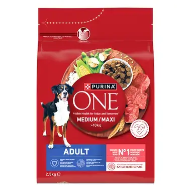 Purina ONE® Medium / Maxi > 10 kg pieaugušiem suņiem, bagāta ar liellopu gaļu un rīsiem