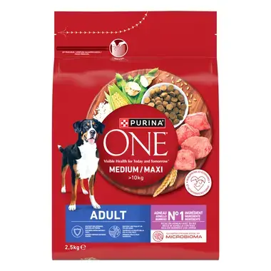 Purina ONE® Medium / Maxi > 10 kg pieaugušiem suņiem, bagāta ar jēra gaļu un rīsiem