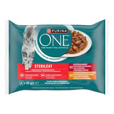 Konservi sterilizētiem kaķiem PURINA ONE® STERILCAT, filēti gabaliņi mērcē ar liellopu gaļu un burkāniem un vistas gaļu un za