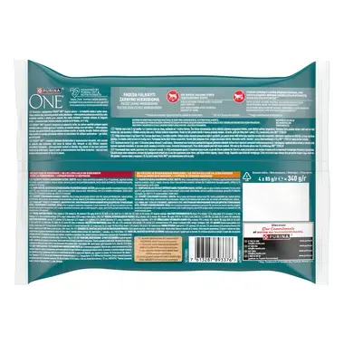 Konservi sterilizētiem kaķiem PURINA ONE® STERILCAT, filēti gabaliņi mērcē ar liellopu gaļu un burkāniem un vistas gaļu un za