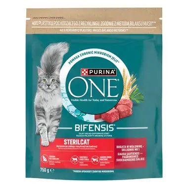 Sausā barība sterilizētiem kaķiem PURINA ONE® STERILCAT, bagātināta ar liellopu gaļu